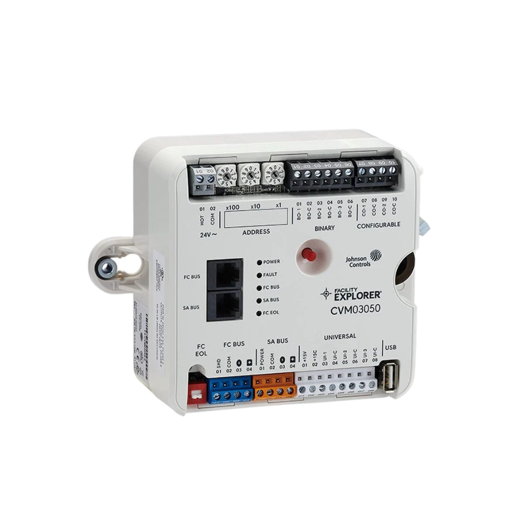 Johnson Controls Facility Explorer building automation controller with wiring terminals.